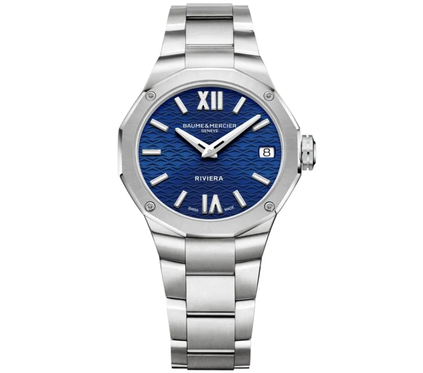 Baume Mercier Riviera 10727 Date Blue Satine Sunray Quartz Watch 33MM