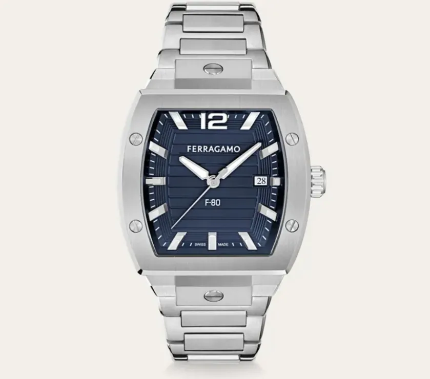 Ferragamo F80 Tonneau 3H Bllue Dial Stainless Steel Quartz Watch