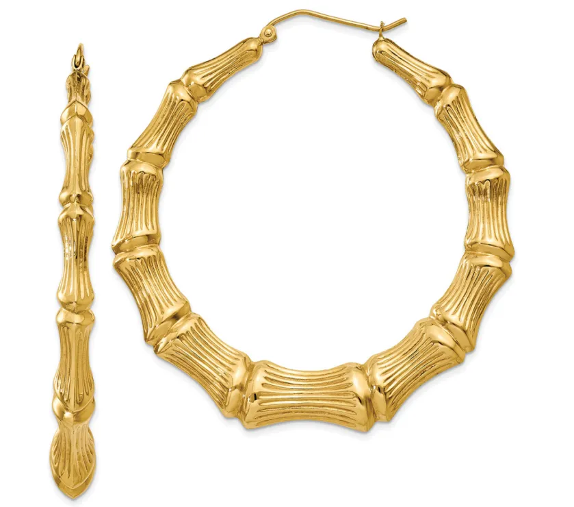 JP Large 14k Yellow Gold Bamboo Hoop Earrings Textured Finish
