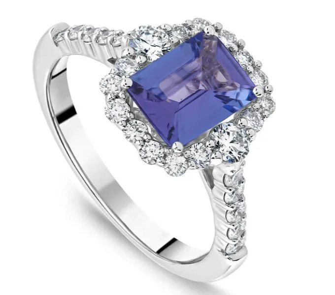 Platinum Emerald Cut Tanzanite Centre Diamond Halo & Shoulders Ring