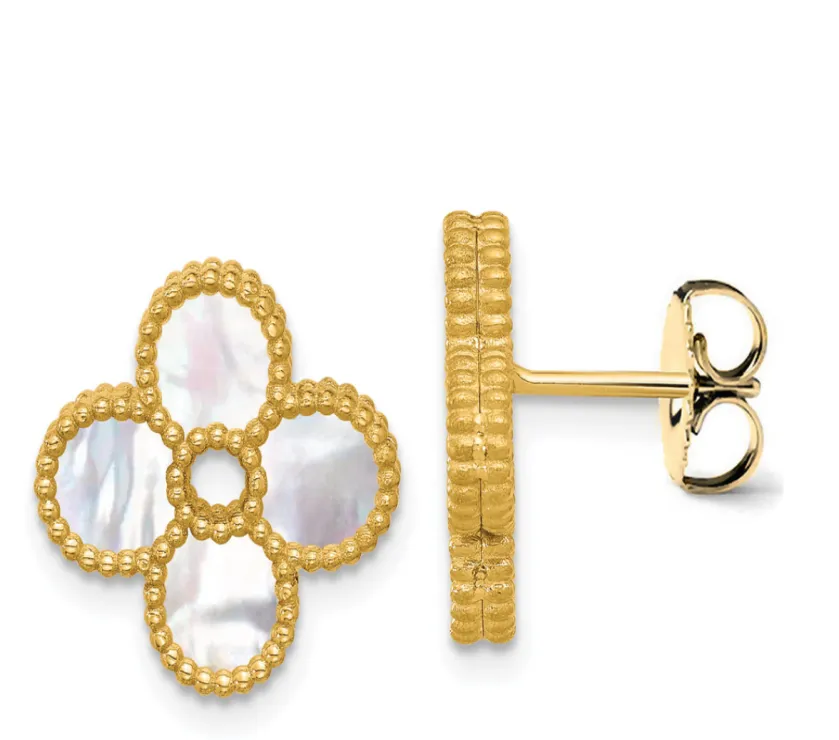 Mother Of Pearl Flower Stud Earrings 14k Yellow Gold