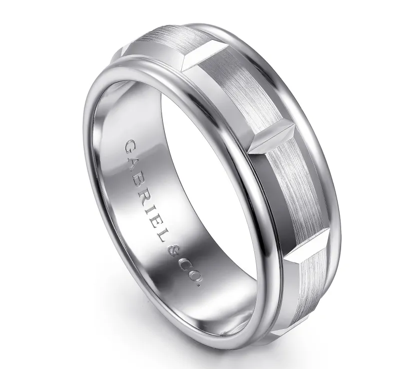 Austin 14K White Gold 8mm - Carved Station Men's Wedding Band in Satin