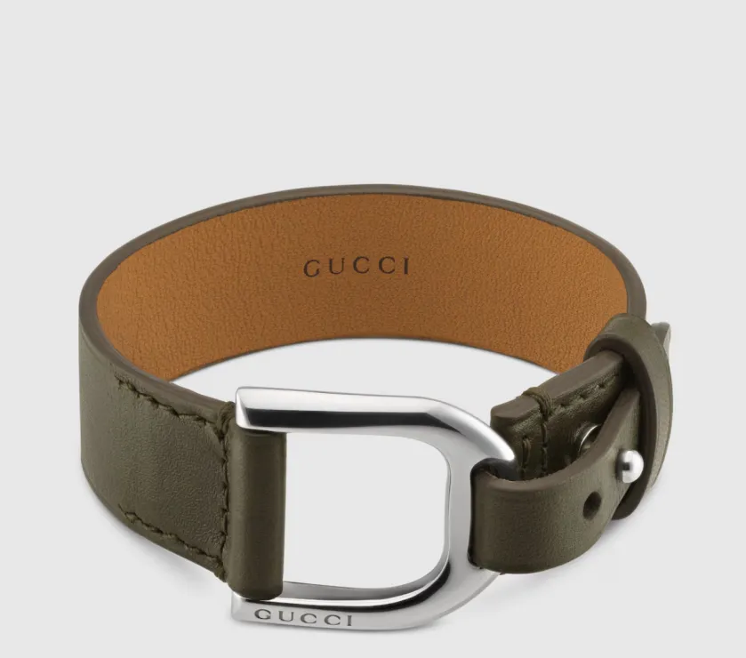 Gucci Staffa Dark green leather Leather Bracelet Style 839737 JAAJW 85