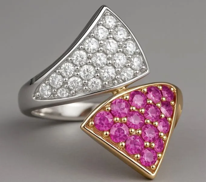 Louis Feraud Paris Bypass 18K Two Tone Pave Ruby and Diamond Ring