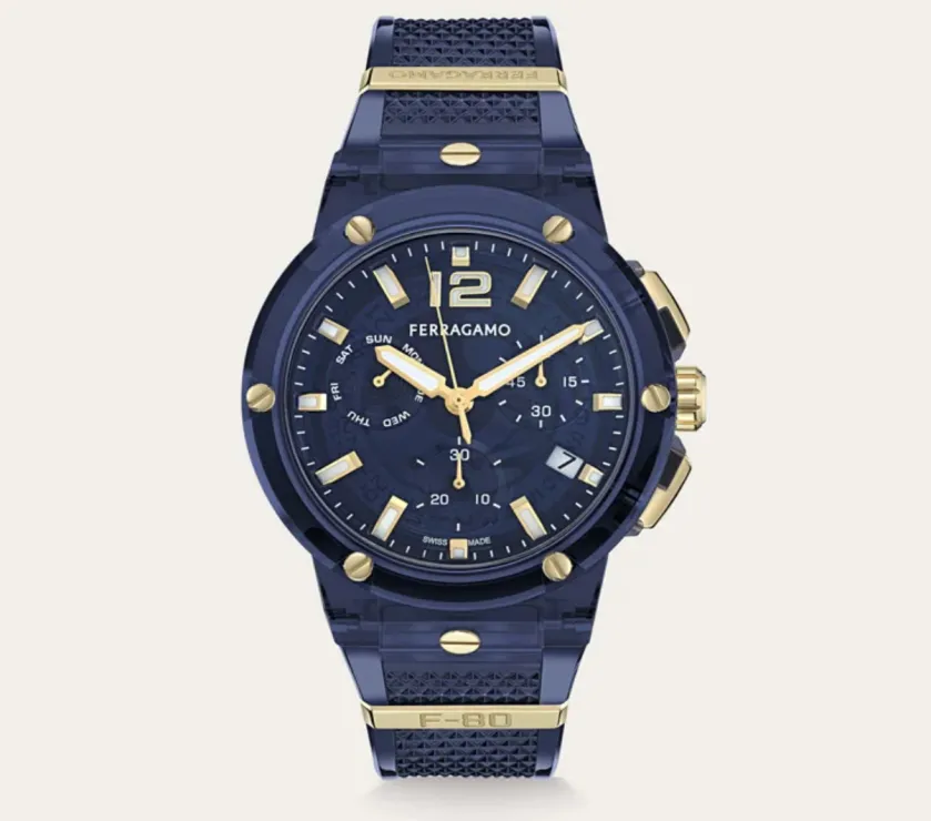 Ferragamo F80 Translucent Blue Nylon Chrono Quartz Men Watch 44MM