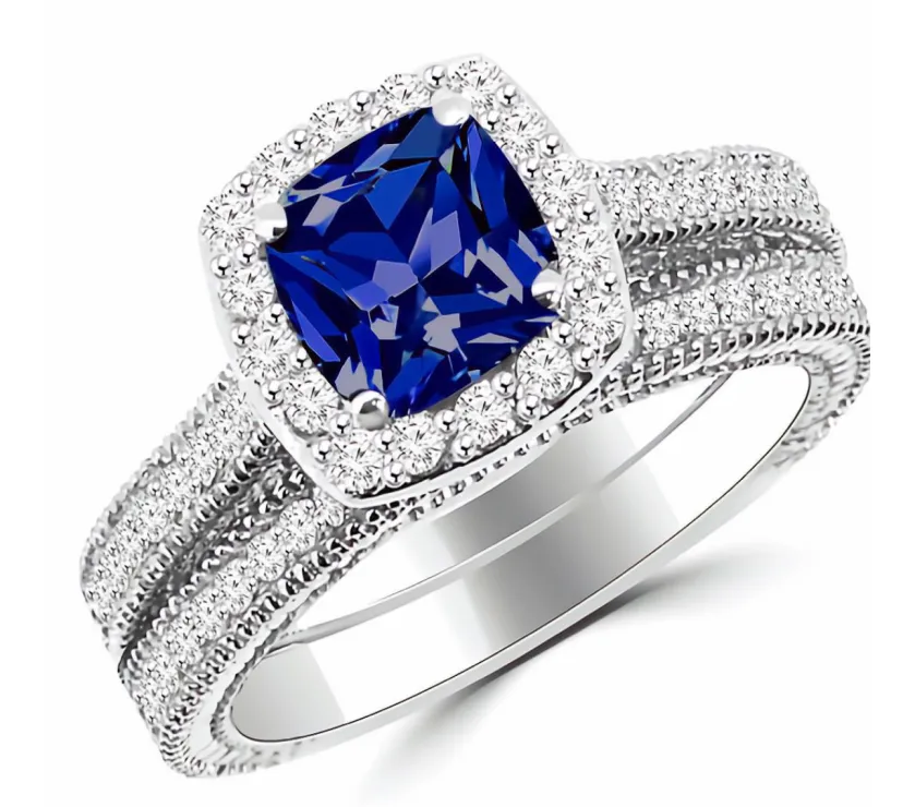 Cushion Cut Tanzanite Diamond Halo Engagement Ring Vintage Style