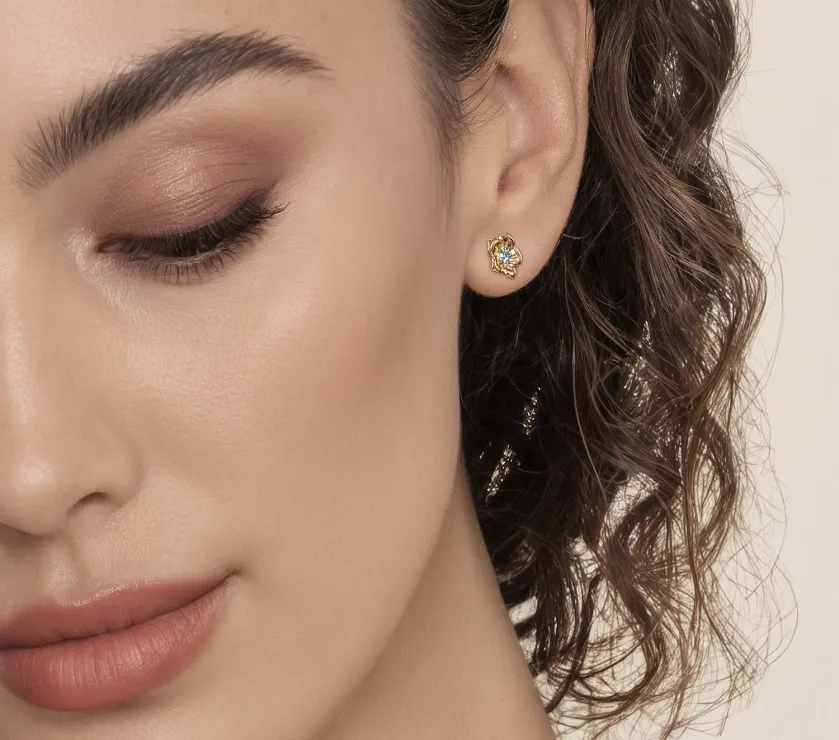 Gabriel Co Floral 14K Yellow Gold Blue Topaz Floral Stud Earrings