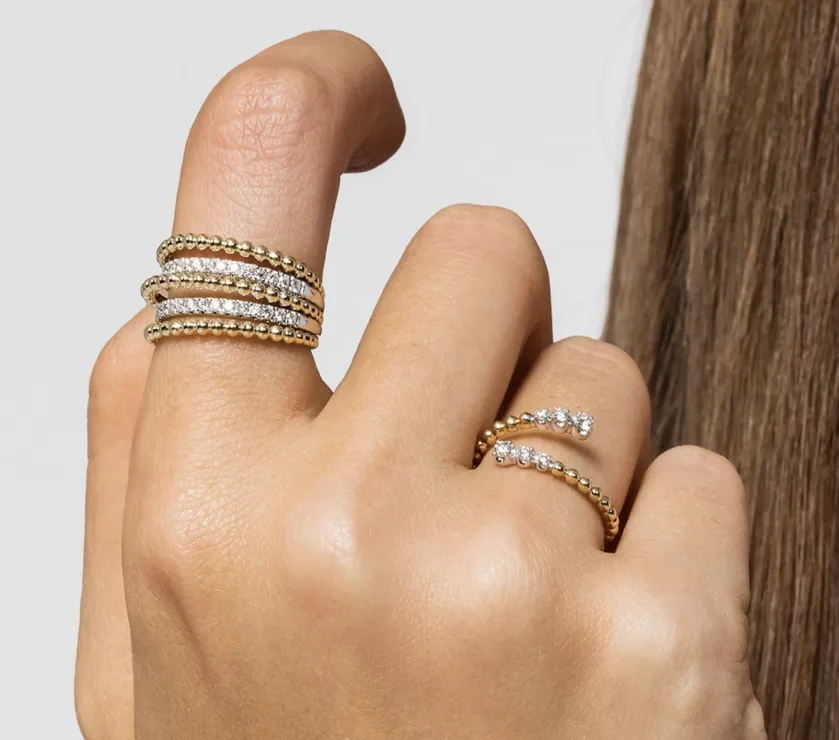 14K White-Yellow Gold Bujukan Ball and Diamond Open Bypass Ring