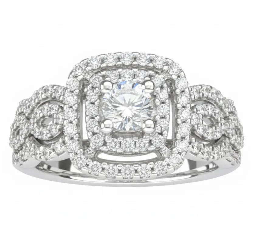 Doulbe Halo Diamant Engagement Swirl Bridal Set Ring 10K White Gold