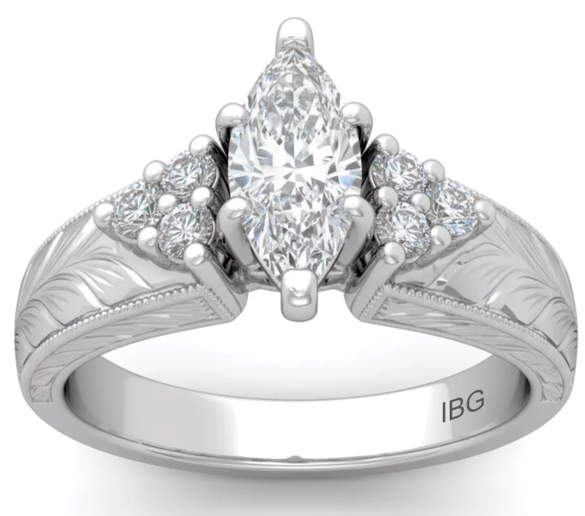 IBG Tri-Stone Diamond Engraved Ring in 14k