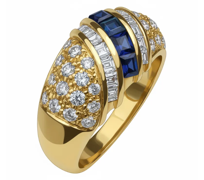 Fred Paris 18K Yellow Gold Diamond Bleu Sapphire Princess Cut Dome Pav